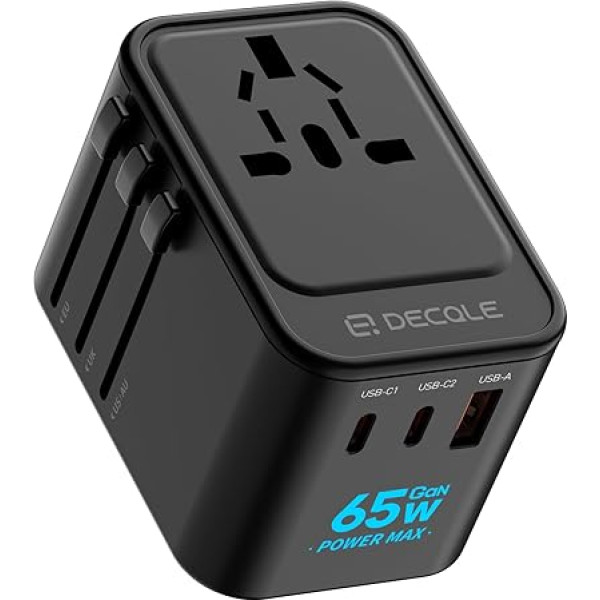 decqle ceļojuma adapteris visā pasaulē, universāla ceļojuma kontaktdakša ar 2 USB-C (GaN 65 W), 1 USB-A un 1 maiņstrāvas kontaktligzdu, starptautisks kontaktligzdas adapteris, universāls adapteris ES, UK, ASV, AU (melns)