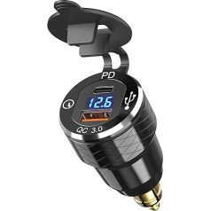 USB Din Hella Steckdose Adapter für BMW Motorrad: USB C PD 30W Ladegerät 12V Wasserdicht EU Typ C USB Stecker QC3.0 Anschluss mit LED Voltmeter für iPhone DC 12-24 Volt Europäisch Ducati Triumph BMW