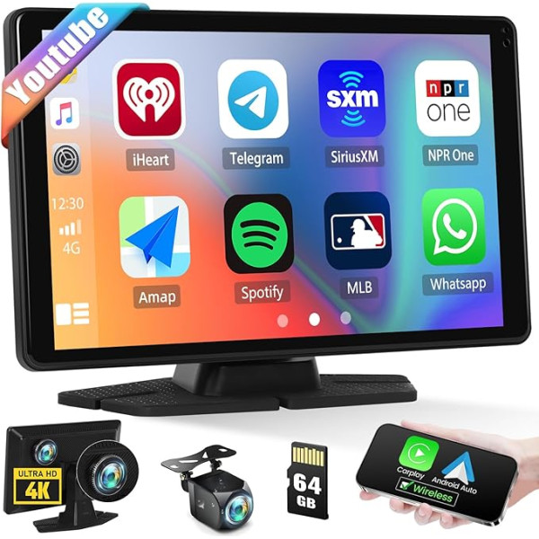 CarPlay portatīvais auto radio ar 4K Dash Cam priekšējo, 1080P aizmugures skata kameru ar cilpas ierakstīšanu, 8 collu ekrāns ar Android Car Mirror Link DVR Bluetooth FM AUX balss palīgs 64G TF karte