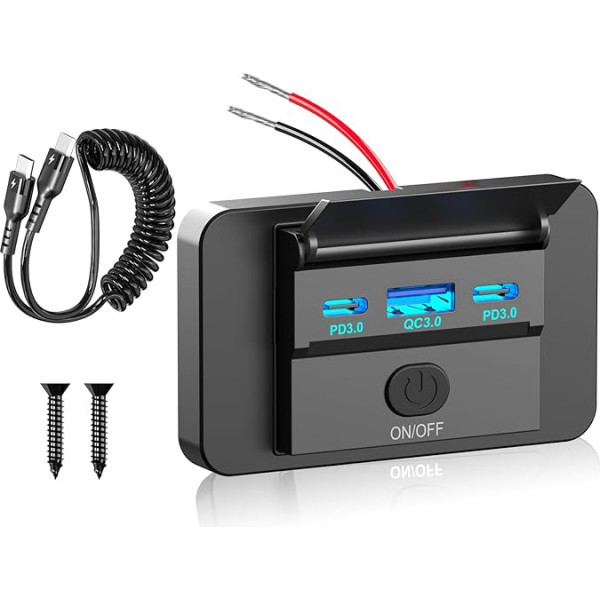 Qidoe 12 V USB kontaktligzda ar strāvas slēdzi, dubultā 36 W PD C tipa un QC 18 W USB paneļa 12 V kontaktligzda ar USB C kabeli, ūdensizturīgs auto USB kontaktligzdas uzlādes adapteris RV ATV Truck Marine Golf Cart