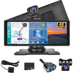 Hodozzy Portatīvais auto radio ar bezvadu Carplay Android ar priekšējo 4K kameru un 1080P aizmugures skata kameru, 10,26 collu HD IPS skārienekrāns ar Bluetooth, ADAS, GPS, cilpas ierakstīšana, FM, AUX, SD karte