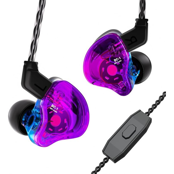 Yinyoo CCZ Melody In-Ear monitori Hybrid 1BA 1DD HiFi austiņas, dziļi basi, vieglas austiņas IEM ar 4N OFC kabeli mūziķim/bungu spēlētājam/basistam (violeti zilas, ar mikrofonu)