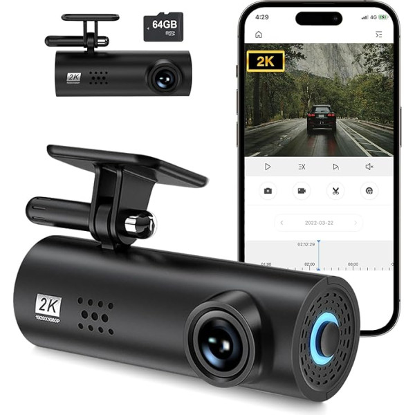 CISSIYOG Dash Cam Car 2K/1296P WiFi auto kamera ar 64GB SD karti, 170° platleņķa mini priekšējā kamera automašīnām, nakts redzamība, WDR, G-sensors, cilpas ierakstīšana, lietotnes vadība, 24H autostāvvietas uzraudzība