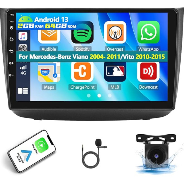 2 + 64 GB auto radio Mercedes-Benz Viano 2004-2011/Vito 2010-2015 ar Carplay Bezvadu Android auto radio, radio ar displeju 10,1 collu Bluetooth GPS navigācija WiFi FM/RDS SWC+AHD atpakaļgaitas kamera