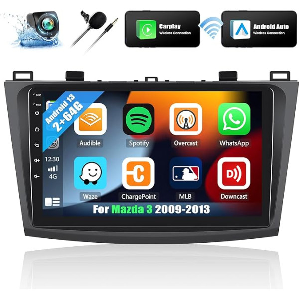 [2G + 64G] Auto radio ar satelīta navigāciju, Android 13 Mazda 3 2009-2013 ar Carplay Android Car, 9 collu skārienjūtīgais ekrāns Carplay auto radio ar GPS WiFi WiFi FM/RDS Bluetooth Mirror Link + AHD atpakaļgaitas kamera &