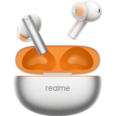 realme Cuffie bezvadu austiņas Air 6, augstas izšķirtspējas profesionālās austiņas, 12,4 mm dziļa basa draiveris, 50 dB aktīva trokšņu slāpēšana, līdz 40 stundām atskaņošanas, liesmojošs sudraba krāsā