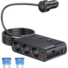 12V/24V cigarešu šķiltavu sadalītājs Auto lādētājs PD QC3.0 USB 127W ar 3 izejām un 4 USB pieslēgvietām 7 in 1 cigarešu šķiltavu sadalītāja adapteris ar LED voltmetru un slēdzi