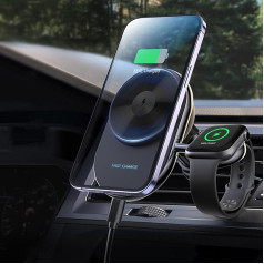 BRIMFORD 2-in-1 bezvadu auto lādētāja turētājs, atbalsta 15 W QI uzlādi, piemērots gaisa ventilācijas atverei, saderīgs ar iPhone 15/14/13/12 Series Apple Watch Ultra2/Ultra/1-8 Series/SE/Hermes (apaļš)