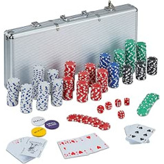 Relaxdays pokera futrālis, 500 pokera žetoni bez vērtības, 2 kāršu kavi, 5 kauliņi, pogu komplekts, slēdzams, alumīnijs, sudrabs