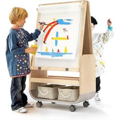 BanaSuper divpusējs koka mākslas molberts bērniem, magnētisks tāfele un tāfele ar slēdzamiem riteņiem, regulējama augstuma gleznošanas molberts bērniem ar glabātuvi (pelēks)