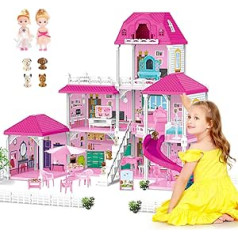 deAO Dollhouse Dream Villa 3 lygių lėlių namelis su baldais ir priedais, žaidimų rinkinys su 2 lėlėmis, čiuožyklos, laiptai, 4 tvoros Lėlių namelis, lėlių namelis Dovana 3 metų ir vyresniems (52 x 83 x 63 cm)