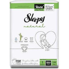 Sleepy Natural Baby sauskelnės, 1 dydis (2–5 kg) – mėnesinė dėžutė, skirta jautriems kūdikiams, 200 vnt. (5 pakuotės po 40)