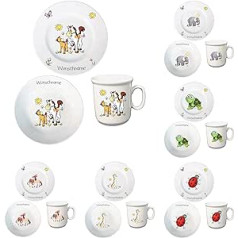 Bērnu brokastu serviss 3 daļīgs porcelāna dzīvnieku motīvu šķīvju krūzes bļoda personalizēta ar izvēlēto vārdu Bērnu trauki ar vārdu (zirgi)