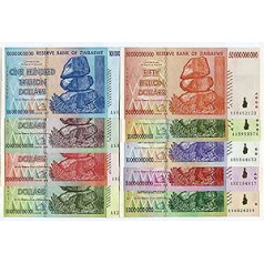 Zimbabve 10, 20, 50, 100 triljoni, 1, 5, 10, 20, 50 miljardi dolāru, valūta 2008. gada banknošu banknotes Pasaules inflācijas rekords 9 banknotes, ko uzstādījis RBZ