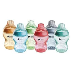 Tommee Tippee Closer to Nature zīdaiņu pudelītes dabiskas formas knupis ar pretkolikas vārstu, 260 ml, komplekts pa 6, Fiesta Multicolored