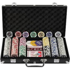 Display4top pokera futrālis, 300 žetoni, lāzera pokera žetoni, pokers, 12 g, 2 kārtis, tirgotājs, mazais blind, lielās blind pogas un 5 kauliņi, melns un alumīnija futrālis