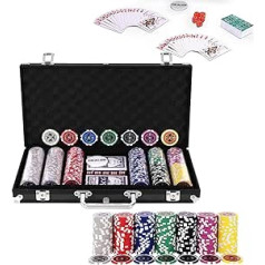 RELAX4LIFE pokera komplekta pokera futrālis ar 300 pokera žetoniem, 2 kāršu kaviem, tirgotāju un 5 kauliņiem, kāršu spēle ballītēm, piknikiem un ekskursijām, ietver slēdzamu pokera futrāli, kas izgatavots no alumīnija (melns)