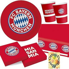 HHO FC Bayern Munich ballīšu komplekts 16 futbola līdzjutējiem 54 gabali Šķīvji Krūzes Salvetes 2 galdauti