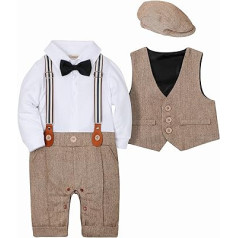 SANMIO Baby Boys Clothing Set, Christening Boy 3-Piece with Bow Tie + Vest + Hat Gentleman Long Sleeve Suit Outfit for Festive Birthday Wedding 9-12 Months (Height 80), Brown