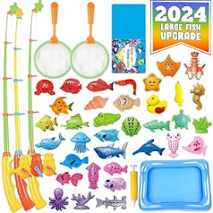 CozyBomB Magnetic Fishing Toys Set for Kids Bathing, Pool Party with Pole Net, Plastic Floating Fish - Toddler Education, Lessons and Learning, Ocean, Sea Animals (X-Large)