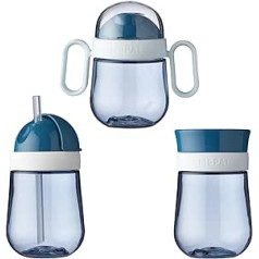 Mepal - Mio mokymosi puodelių rinkinys iš 3 - Puodeliai nuo lašėjimo rankenos 200 ml - 360° geriamasis puodelis 300 ml - Šiaudų puodelis 300 ml - Mokymosi puodelis vaikams nuo 6 mėnesių - Nelaidus - Giliai mėlynas