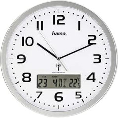 Hama Radio-Controlled Digital Wall Clock (Large Radio-Controlled Clock with Analogue Time Display, Wall Clock with Digital Calendar and Temperature Display, Includes Battery) Silver