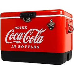 Coca Cola Retro ledus lāde liela dzesēšanas kaste ar pudeļu attaisāmo 51L (54qt), 85 bundžu ietilpība, pārnēsājama ledus kaste, lieliski piemērota dzērieniem, kempingam, pludmalei, dzīvojamai kemperim, bārbekjū, bagāžas nodalījuma durvis