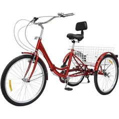 24 Inch Tricycle for Adults, 7-Speed Foldable 3-Wheel Bicycle Adult Tricycle Load Bicycle Tricycle with Shopping Basket Backrest for Boys Girls Women Men Seniors