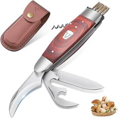 TIVOLI Mushroom Knife with Brush, Portable Sponge Knife with Leather Sheath, Mushroom Knife, 5-in-1 Multifunctional Folding Knife for Mushroom Collecting (Locking Blade, Mushroom Knife, Can Opener,