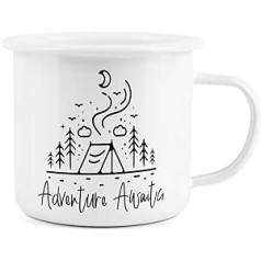 Adventure Awaits Emaille-Tasse – Camping-Geschenk, langlebige Heißgetränke, weiß, Outdoor-Tasse – Reisen, Picknicks, Zuhause, Wandern