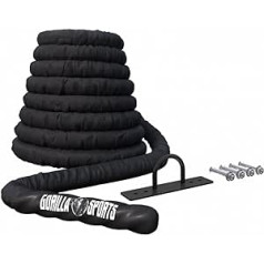 GORILLA SPORTS® kaujas virve - 9 m / 12 m / 15 m garums, diametrs 38 mm / 50 mm, ietver sienas stiprinājumu, neilons, melns - kaujas virve, treniņu virve, sporta virve, fitnesa virve, šūpošanās virve, muskuļu veidošana