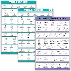 3 Jogas pozu komplekts, 1. un 2. sējums, Pilates vingrinājumu plakātu komplekts — 3 treniņu diagrammas (laminātas, 18 x 24 collas)