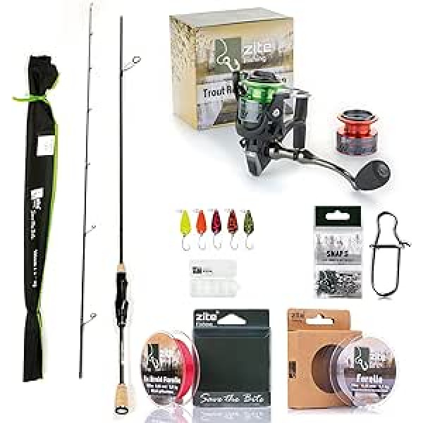 Zite Fishing Ultra Light Set | 210 cm Foreles karotes makšķere | Foreles spole 1000 3+1BB | 30 gab. Makšķerēšanas šarnīrsavienojumi #000 | 0,06 mm trīskārša pīta līnija, kas izgatavota no 100% PE šķiedrām | 5 neona foreļu mirgotāji