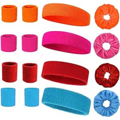 12-Piece Neon Sweatband Set and 4 Fluorescent Colour Hair Bands, 80s Sweatband Wrist/Forehead Sweatband Retro Party Accessories for Men and Women 4 Colours Pink Red Blue Orange