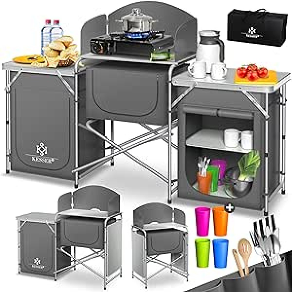 KESSER® Camping Kitchen | Includes Carry Bag | Camping Cabinet | with Aluminium Frame | Travel Kitchen | Kitchen Box | Tent Cabinet | Outdoor Camping Kitchen | Models Selectable Grey