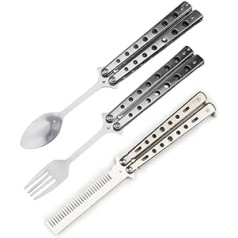 Butterfly Fork Spoon Comb kempinga galda piederumu komplekts, salokāms nerūsējošais tērauds kempingiem, medībām ceļojumiem, āra grilēšanas galda piederumiem