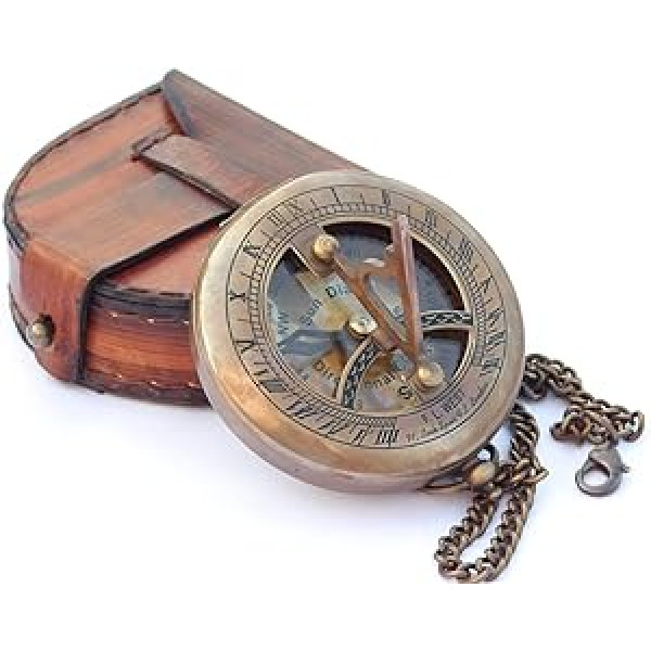 Neovid Brass Folding Sundial Compass, Steampunk Accessories, Antique Finish, With Leather Case and Chain, Beautiful Handmade Gift