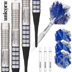 Unicorn Soft Tip Darts Set - Gary 'The Flying Scotsman' Anderson Silver Star - 80% Natural Tungsten Barrels with Blue Accents - 17 g, 18 g, 19 g or 20 g