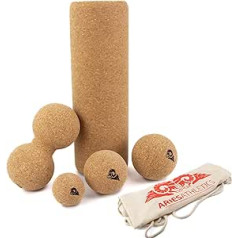 Aries Athletics Fascia Roll Cork Set – 100% Natural Cork, 5-Piece Fascia Set Including Cork Roll 30 cm, 8 x 8 Duoball, 3 Fascia Balls and Fabric Bag