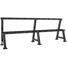 GORILLA SPORTS® hanteles statīvs - 245x62x49/91cm, ar 2 līmeņiem, 20 plaukti, hantelēm, kravnesība līdz 500kg, tērauds, melns - hanteles statīvs, hanteles statīvs, svaru statīvs, hanteles novietne