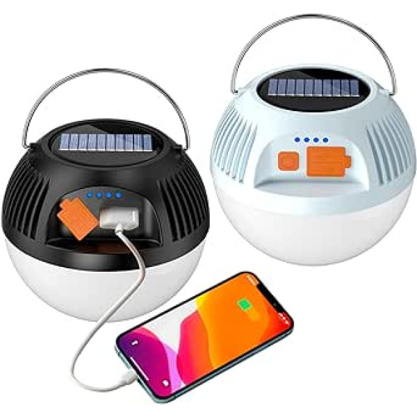 Divu komplektu saules kempinga gaisma, C tipa uzlādējama USB LED telts lampa, ūdensnecaurlaidīga 3 režīmu āra laterna Power Bank pārgājieniem, medībām, medībām ārkārtas dārzā