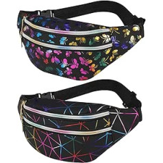 FANTESI 2 Pack Shiny Fanny Pack Holographic Fanny Pack Dubultā rāvējslēdzēja jostas soma Festival Rave Fanny Pack ūdensizturīga jostas soma sievietēm Sieviešu Meiteņu pārgājieni, Balck