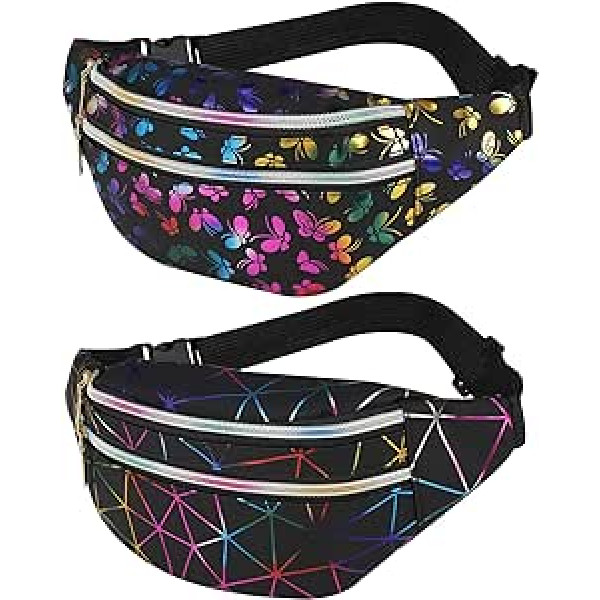 FANTESI 2 Pack Shiny Fanny Pack Holographic Fanny Pack Dubultā rāvējslēdzēja jostas soma Festival Rave Fanny Pack ūdensizturīga jostas soma sievietēm Sieviešu Meiteņu pārgājieni, Balck