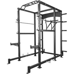 GORILLA SPORTS® Power Rack - pievilkšanas stienis, iegremdēšanas stacija, regulējams augstums, maks. 400 kg kravnesība, masīva tērauda konstrukcija, melns — pietupiens, fitnesa būris, spēkstacija, pietupiens