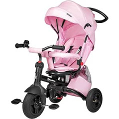 HyperMotion Tricycle with rotating comfort seat, children foldable tricycle Tobi Velar with parent handle, pumped wheels, freewheel, raincoat, parent steering sliding handle, pink