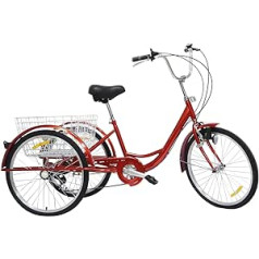 SHOWLIVEU 24 collu 3 riteņu trīsritenis pieaugušajiem 6 ātrumu velosipēds ar gaismu un iepirkumu grozu Velosipēds Elektriskais trīsriteņu velosipēds, kas aprīkots ar gaismām un atstarotājiem (sarkans)