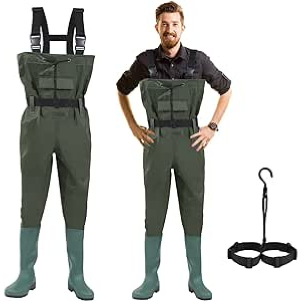 Gimisgu Waders 70 Denier Nylon, PVC Fishing Trousers, Waterproof Fish Pond Trousers with Wellington Boots, Waistband, Pockets, and One Free Hook, Suitable