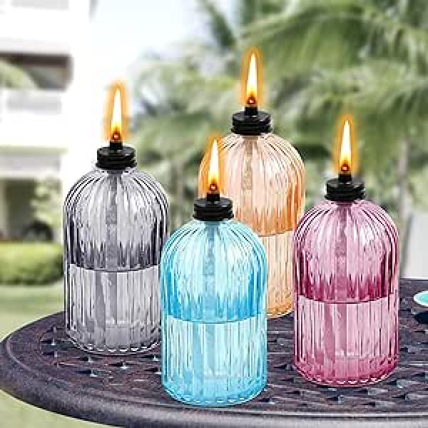 FAN-Torches 4 Pack Glass Table Lamps, 382ml Citronella Torches Outdoor Refillable Flame Light Torch with Wicks and Covers, Landscape Lanterns, Torches for Yard, Patio, Garden