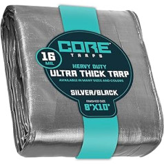 Core Tarps Extra Heavy Duty 16 milj brezenta pārklājs, ūdensnecaurlaidīgs, UV izturīgs polietilēns ar pastiprinātām malām (sudrabs/melns 8 x 10 collas)