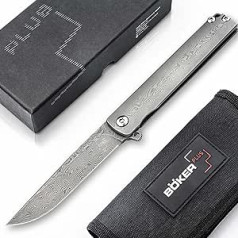 Böker Plus® Gemma Damask Small Tanto Pocket Knife with Clip - Lightweight Damascus One-Handed Knife with Flipper - Narrow Damascus Gentleman Knife with 110 Layers - EDC Folding Knife with Damask